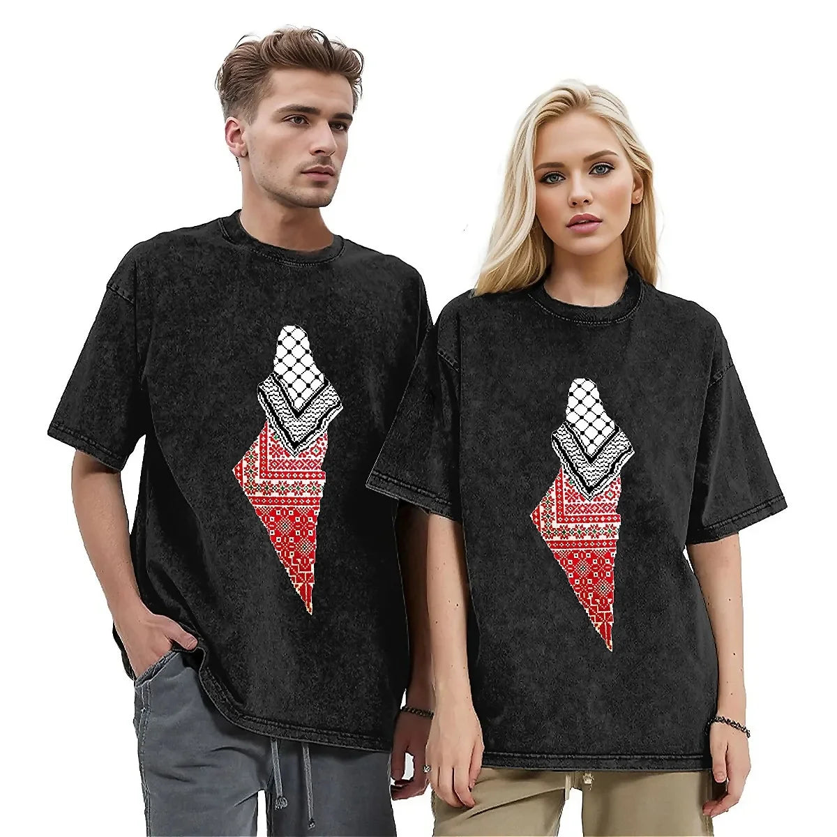 Vintage Washed T-Shirt Palestine Keffiyeh Map Cotton T-Shirts Palestine Cute Tee Shirt for Mens Summer Y2K Retro Design Tops